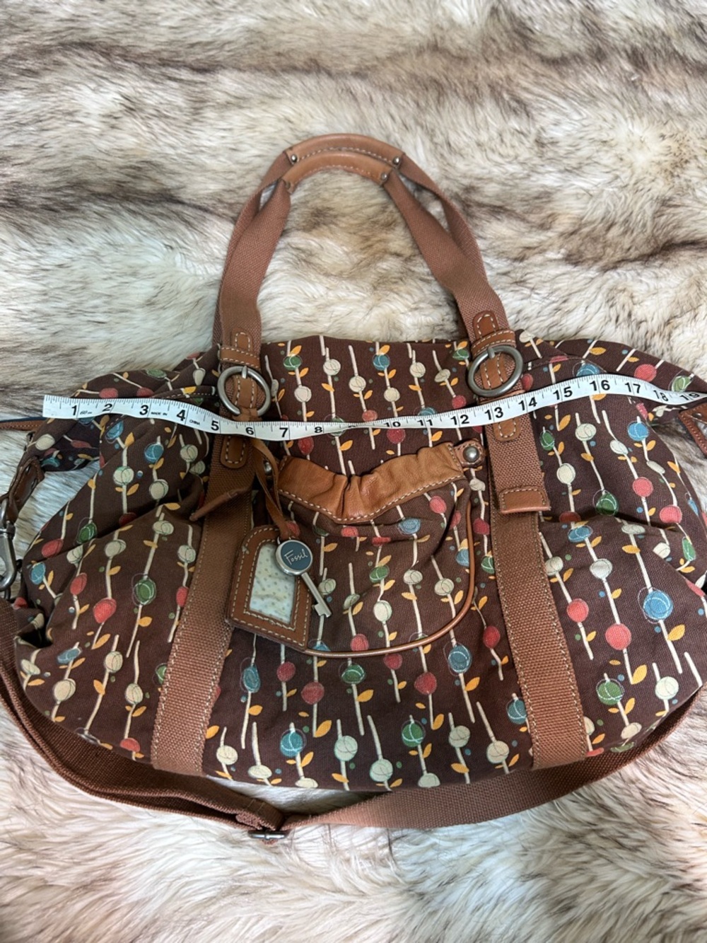 Fossil Brown Canvas Tote with Colorful Dot Stem Print and Green Lined Interior - Picture 2 of 9
